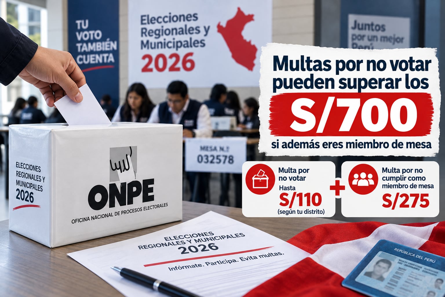 Una infografía de la ONPE informa sobre las multas por no votar y por no ejercer como miembro de mesa en las Elecciones Regionales y Municipales 2026 en Perú. (Imagen Ilustrativa Infobae)