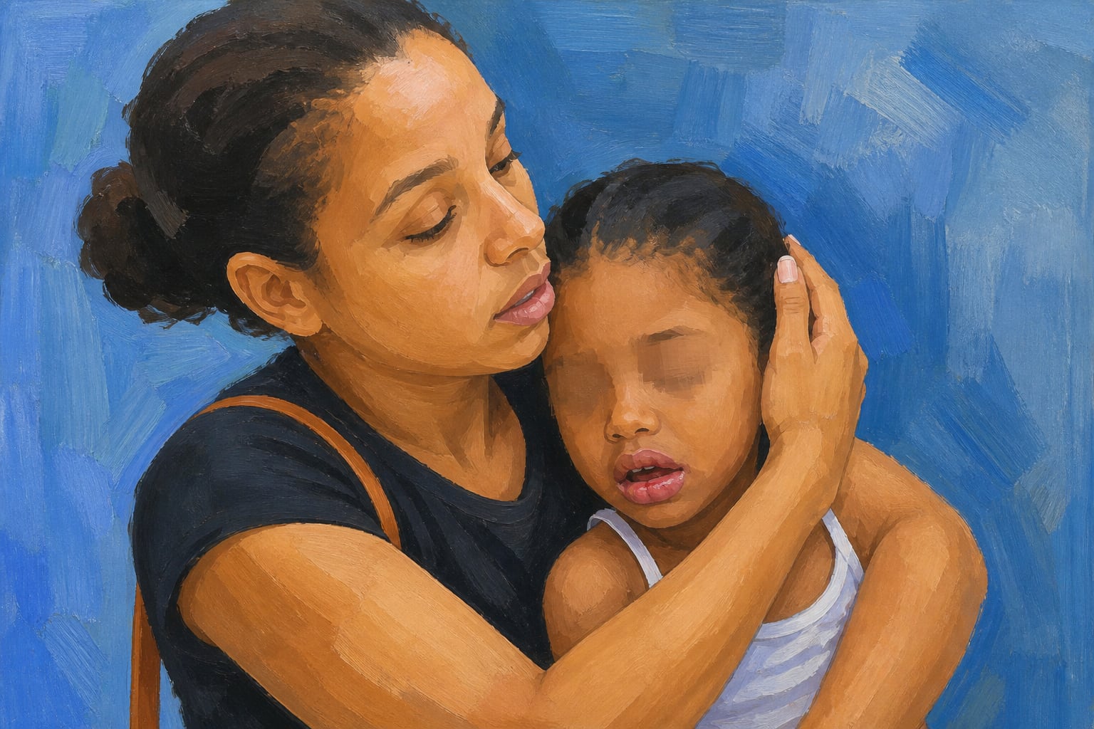 Una mujer sostiene en brazos a una niña pequeña que apoya la cabeza en su hombro sobre un fondo azul pintado al óleo. (Imagen Ilustrativa Infobae)