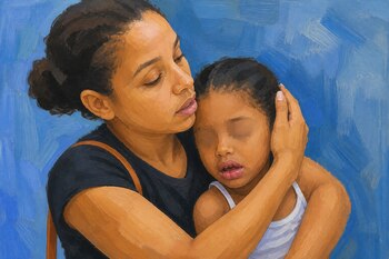 Pintura de una mujer de cabello oscuro que abraza a una niña pequeña con la cabeza reclinada sobre su hombro ante un fondo azul.