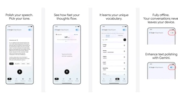 Cuatro capturas de pantalla de un smartphone con la aplicación Google AI Edge Eloquent. Muestra el pulido de texto, análisis de voz, diccionario y configuración