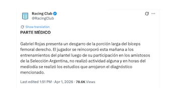 Gabriel Rojas se lesionó en Racing