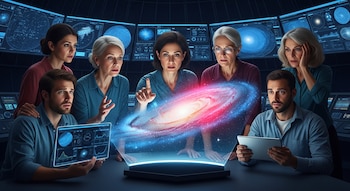 Seis científicos, cuatro mujeres y dos hombres, miran con asombro una proyección holográfica de una galaxia en una sala de control futurista con pantallas de datos.
