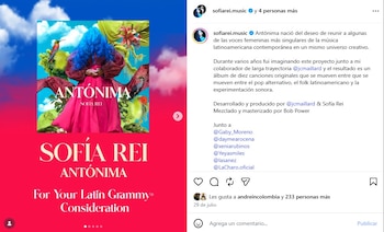 'Antónima', placa colaborativa de Sofia Rei con figuras como Dayme Arocena y Las Áñez, se postuló a las nominaciones para los Latin Grammy 2026 - crédito @sofiarei.music/Instagram