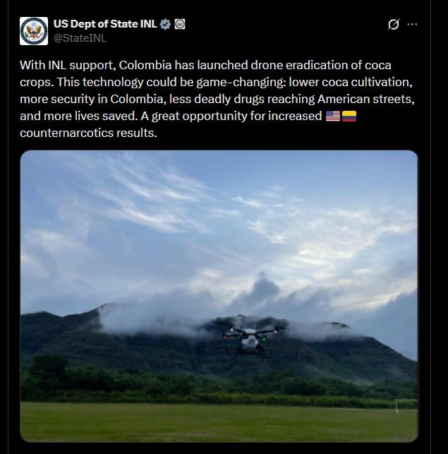 El Departamento de Estado de EE.UU. respalda la nueva estrategia tecnológica para disminuir producción de cocaína y salvar vidas - crédito @StateINL/X