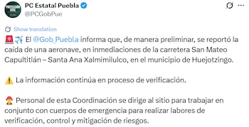 Protección Civil reporta atención inmediata a víctimas tras caída de avioneta.