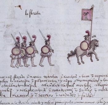 Imagen del códice Osuna (siglo XVI) que representa a los mexicas que apoyaron a las fuerzas expedicionarias españolas que incursionaron en La Florida (Foto: Twitter@Cuauhtemoc_1521)