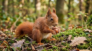 Una ardilla roja con una bellota entre las patas delanteras sobre musgo y hojas secas en el suelo de un bosque.