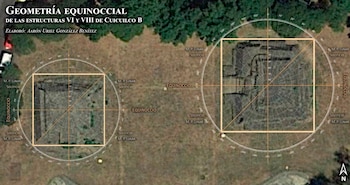 Imagen aérea de dos estructuras arqueológicas de Cuicuilco B con rejillas superpuestas mostrando geometría equinoccial, solsticial y lunar sobre vegetación