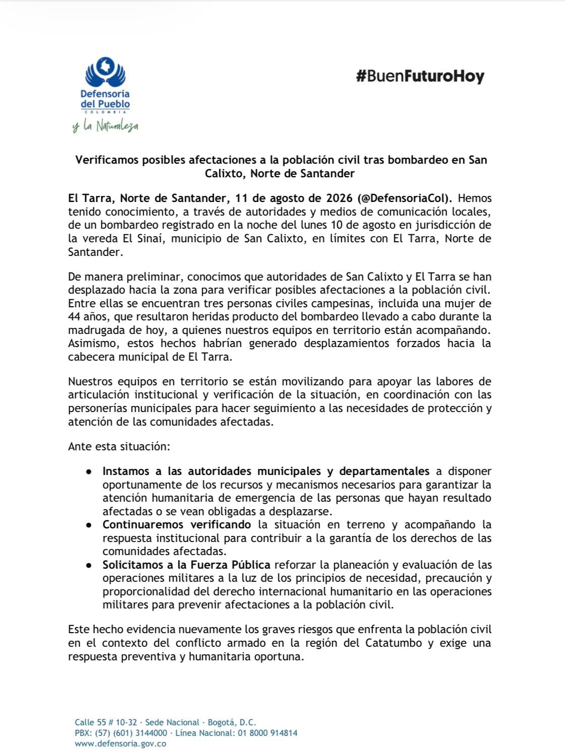 La Defensoría del Pueblo denunció que el bombardeo en El Sinaí dejó al menos tres campesinos heridos, incluida una mujer de 44 años - crédito @DefensoriaCol / X