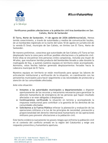 La Defensoría del Pueblo denunció que el bombardeo en El Sinaí dejó al menos tres campesinos heridos, incluida una mujer de 44 años - crédito @DefensoriaCol / X