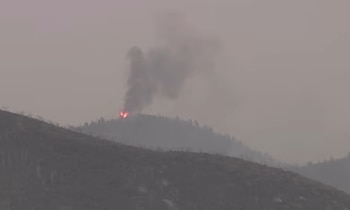 Vista lejana de un incendio forestal en una colina boscosa con llamas y humo espeso. El cielo es gris y neblinoso. Varias lomas áridas en primer plano