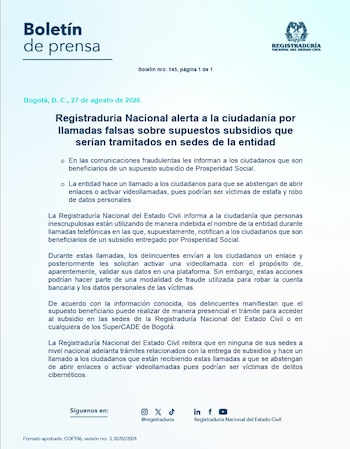 Los delincuentes usan su nombre para pedir enlaces y videollamadas con la excusa de validar identidad, pero buscan quedarse con información confidencial y vaciar cuentas de quienes caen en el engaño - crédito Registraduría Nacional