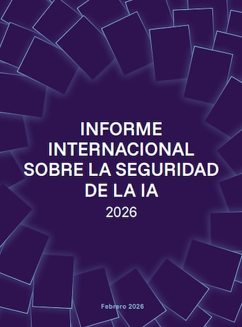 Portada de informe en tonos púrpuras con diseño de tarjetas rectangulares en patrón circular. Texto: "INFORME INTERNACIONAL SOBRE LA SEGURIDAD DE LA IA 2026", "Febrero 2026"