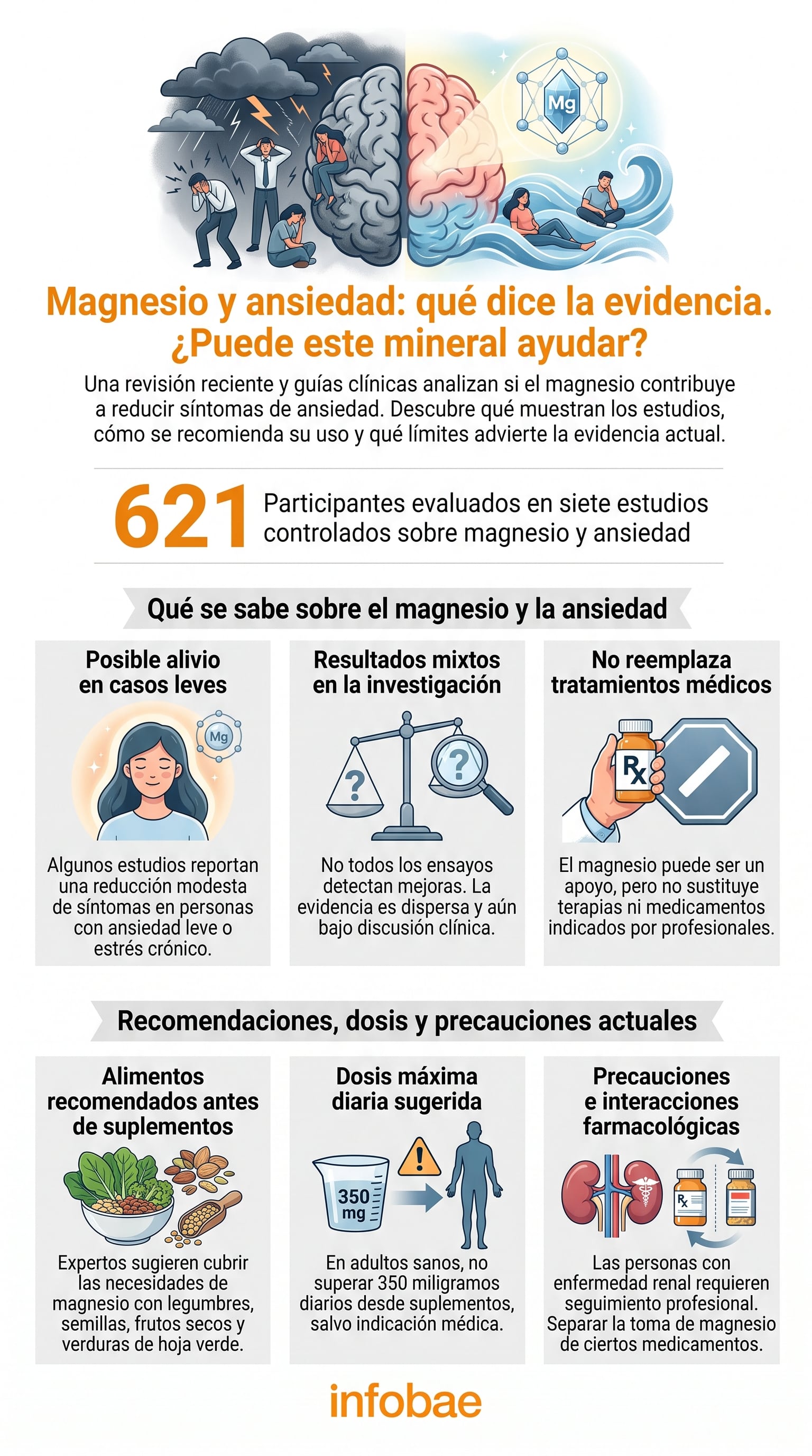Una infografía resume la evidencia científica sobre el magnesio y la ansiedad, incluyendo los resultados de estudios con 621 participantes y recomendaciones de dosis y alimentos (Imagen Ilustrativa Infobae)