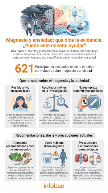 Infografía sobre magnesio y ansiedad; cerebros, personas con estrés y en calma, símbolo Mg, balanza, lupa, frasco de medicamentos, alimentos, vaso medidor, riñones.