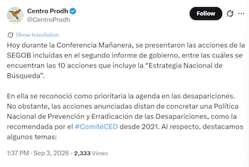Captura de pantalla de una publicación en X del Centro Prodh con un texto sobre la Estrategia Nacional de Búsqueda en México