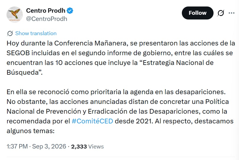Un mensaje en la red social X del Centro Prodh señala que la estrategia de la Secretaría de Gobernación no concreta una política integral sobre desapariciones en México. (@CentroProdh )