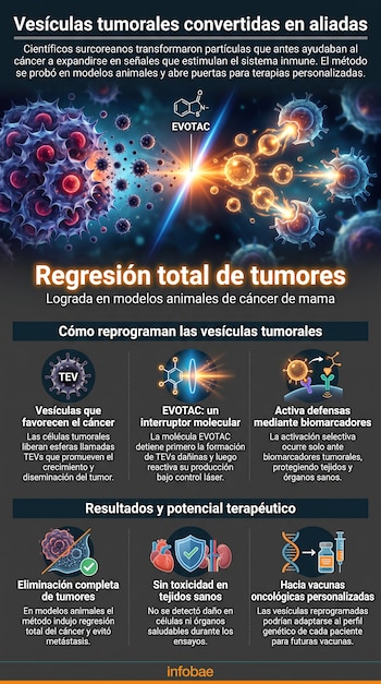 Infografía sobre vesículas tumorales, con representaciones de células cancerosas, molécula EVOTAC, procesos de reprogramación y resultados en terapia.