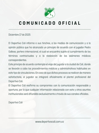 Deportivo Cali informó que tiene