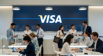 Un grupo de personas interactúa y usa tabletas en escritorios blancos, con separadores de vidrio, frente a una gran pantalla azul con el logo de VISA.