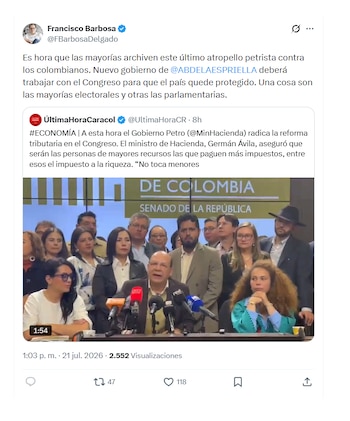 Francisco Barbosa expresó su rechazo al nuevo proyecto de reforma tributaria