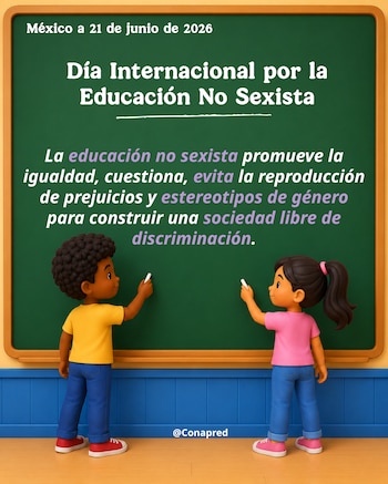 Ilustración de una pizarra verde con el texto Día Internacional por la Educación No Sexista, junto a dos niños con tiza escribiendo