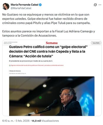 Cabal le señaló a Petro lo que, para ella, es un golpe a la democracia - crédito @MariaFdaCabal/X