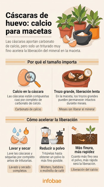 Infografía explicativa con texto e ilustraciones de cáscaras de huevo, plantas en macetas, mortero y batidora.