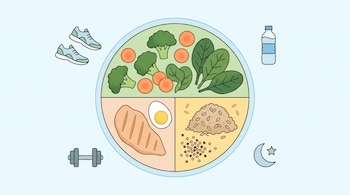 Ilustración de un plato dividido con verduras, pollo, huevo, arroz y quinoa. A los lados, zapatillas, mancuernas, botella de agua y luna con estrella.