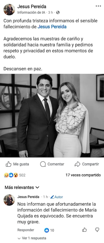 Captura de pantalla de Facebook con publicación del perfil de Jesús Pereida, foto en blanco y negro de un hombre y una mujer. Un comentario rectifica noticia de fallecimiento