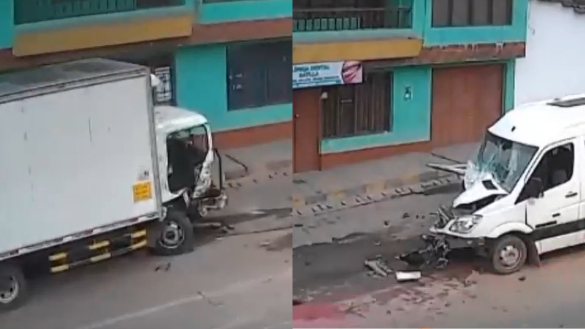 Un furgón y una miniván con daños en la parte frontal permanecen en la vía Cusco-Urcos tras una colisión que dejó 16 turistas heridos en el distrito de Saylla. (Composición: Infobae Perú / RPP)