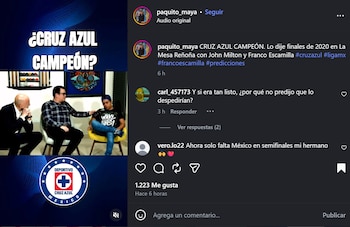 Captura de pantalla de Instagram con video que muestra a Paquito Maya y dos hombres sentados, con el logo de Cruz Azul y texto "¿CRUZ AZUL CAMPEÓN?"