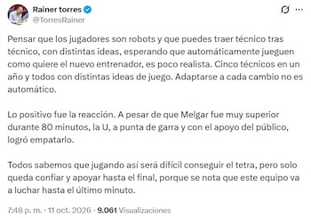 El tuit de Rainer Torres sobre el empate de Universitario ante Melgar en el estadio Monumental.