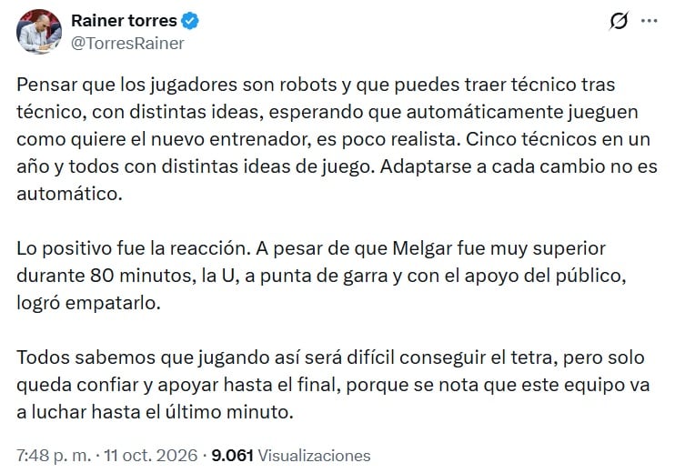 El tuit de Rainer Torres sobre el empate de Universitario ante Melgar en el estadio Monumental.