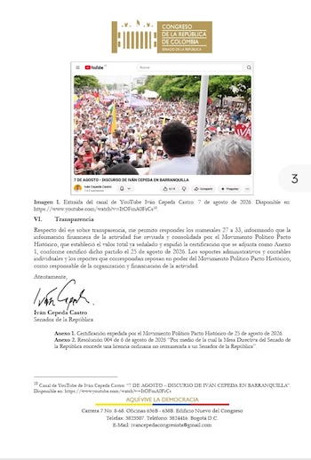 Cepeda afirmó que no actuó como contratante, ordenador del gasto ni responsable financiero del evento, y sostuvo que tampoco utilizó recursos personales para cubrir los costos de la actividad - crédito @AbgLoreLazaro_/X