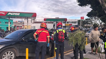 Bomberos con cascos y mochilas examinan un automóvil negro con un impacto en el vidrio lateral junto a una gasolinera y varios transeúntes