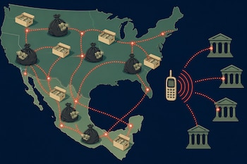 Mapa de Estados Unidos y México con cajas y bolsas de dinero conectadas por líneas rojas hacia un teléfono móvil y bancos.