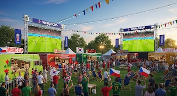 Vista aérea de una fan zone del Mundial con dos pantallas gigantes mostrando un partido de fútbol, food trucks, personas animando con banderas y guirnaldas coloridas.