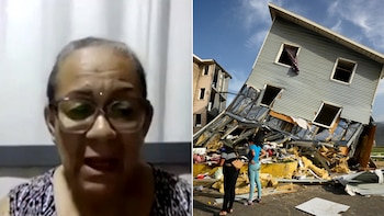 Pantalla dividida. Izquierda: mujer con gafas hablando. Derecha: edificio colapsado, dos mujeres frente a escombros y cielo azul