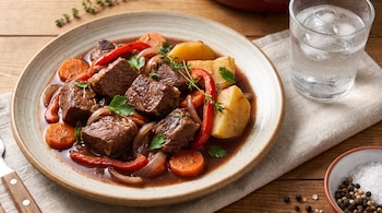 Un plato con trozos de carne, zanahorias, papas, pimientos rojos, cebolla y hierbas. Al lado, un vaso con agua fría y hielo, un cuchillo y un tenedor.