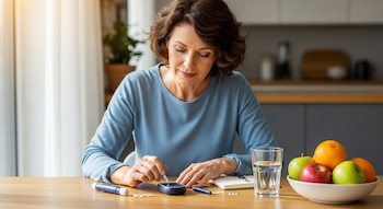 Mujer de mediana edad sentada a una mesa de madera insertando una tira reactiva en un glucómetro, con un cuenco de fruta y un vaso de agua.
