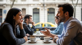 Dos personas, un hombre y una mujer, sentadas en una mesa de café. Ella sonríe, él gesticula con las manos. Hay dos tazas de café y un taxi amarillo al fondo.