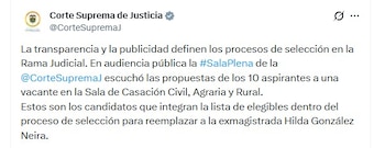 El Consejo Superior de la Judicatura publicó la lista definitiva de candidatos que buscan reemplazar a la magistrada Hilda González Neira - crédito @CorteSupremaJ/X