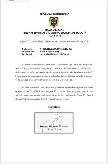 El expediente del caso Uribe es remitido a la Sala de Casación Penal de la Corte Suprema de Justicia para su revisión - crédito Tribunal Superior de Bogotá