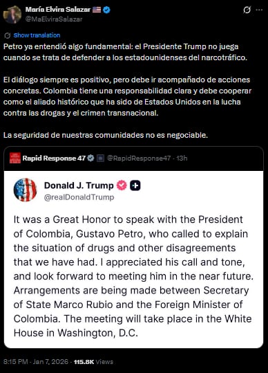 María Elvira Salazar destacó que el diálogo entre Petro y Trump solo será útil si se refleja en acciones concretas contra el narcotráfico - crédito @MaElviraSalazar