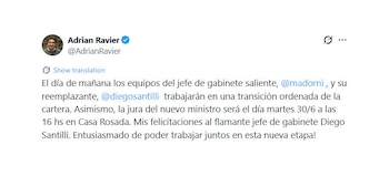 Javier Milei confirmou que Diego Santilli é o chefe de equipe de expressão