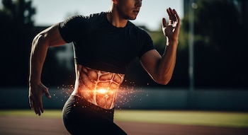 Primer plano de un hombre atlético en movimiento, posiblemente corriendo, con una representación visual de músculos abdominales y un brillo de energía anaranjado.