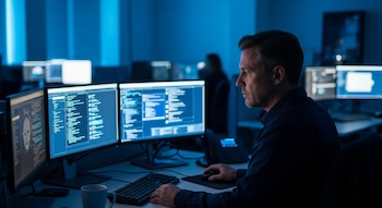 Detective con camisa oscura se sienta frente a tres monitores con datos digitales brillantes. Un teclado, ratón y taza en el escritorio. Oficina con iluminación azul tenue.