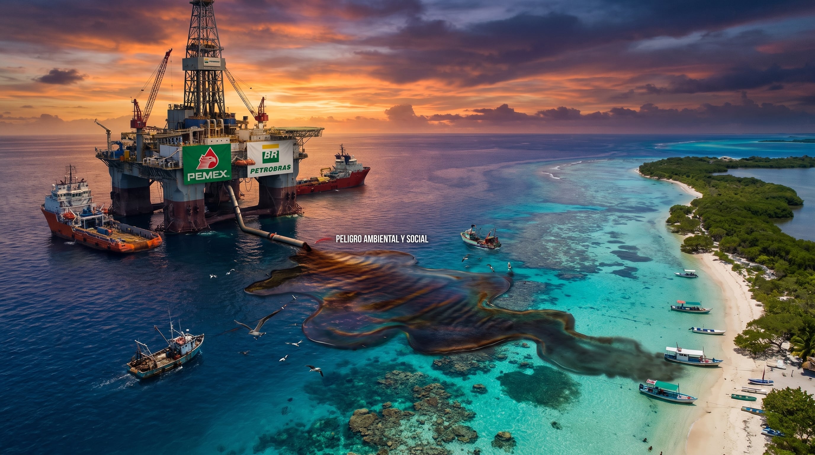 Una plataforma de perforación con logotipos de Pemex y Petrobras vierte petróleo al mar en una zona costera de aguas claras, indicando un peligro ambiental y social. (Imagen Ilustrativa Infobae)