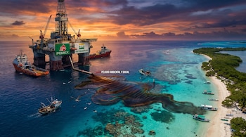 Plataforma petrolera con logotipos de Pemex y Petrobras, barcos de apoyo, derrame de petróleo, isla con playa, botes, arrecifes y aves.
